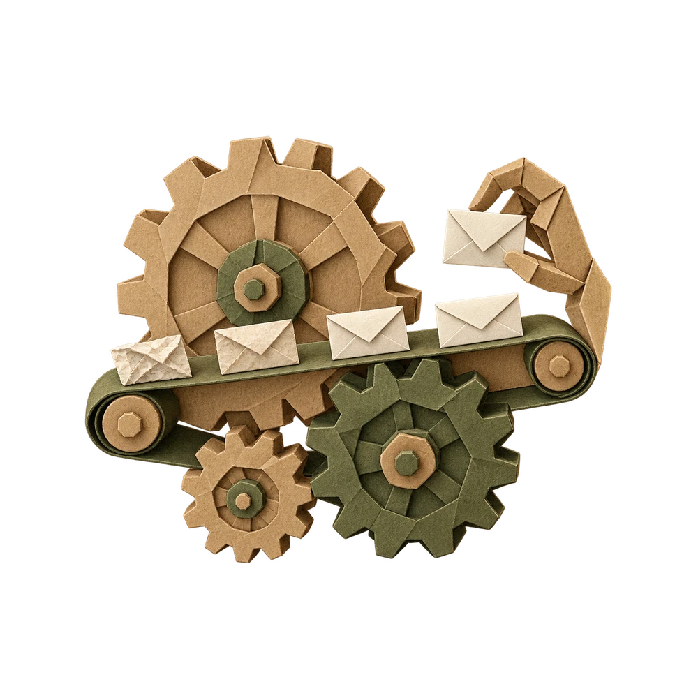 Folded paper cogs turning a small paper conveyor of envelopes, with one held back for review.