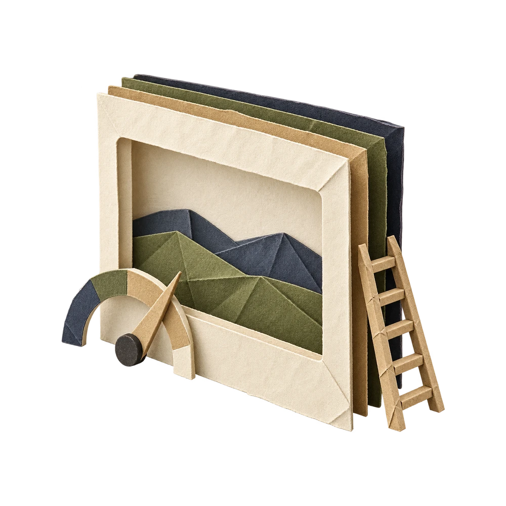 A folded paper browser window standing open, built from stacked paper layers on a paper hill.