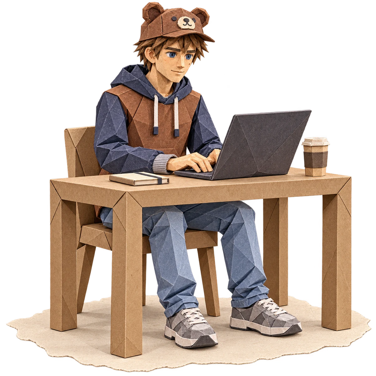 A folded-paper Teddy working at his laptop, seated at a handmade paper desk.
