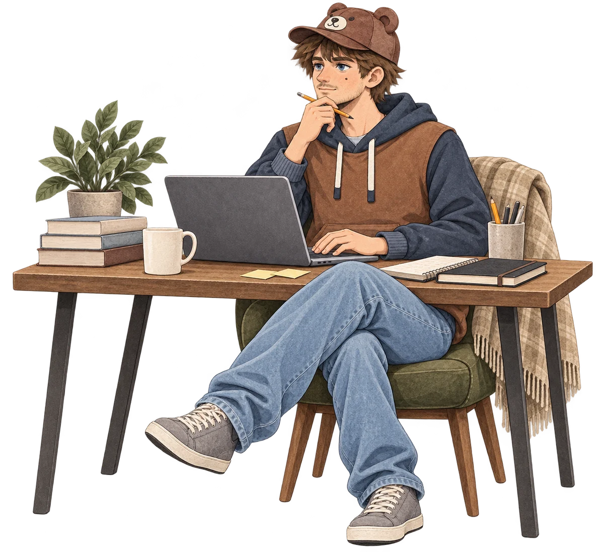 Teddy at his laptop, ready to hear your idea.
